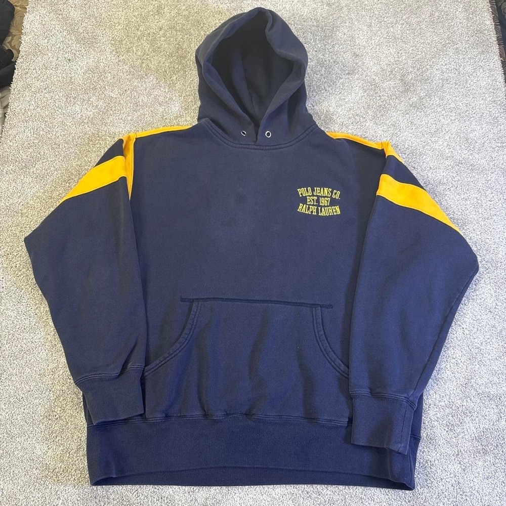Polo Jeans Co Ralph Lauren Navy Blue Hoodie Large Yellow Stripe Pullover - Picture 1 of 6